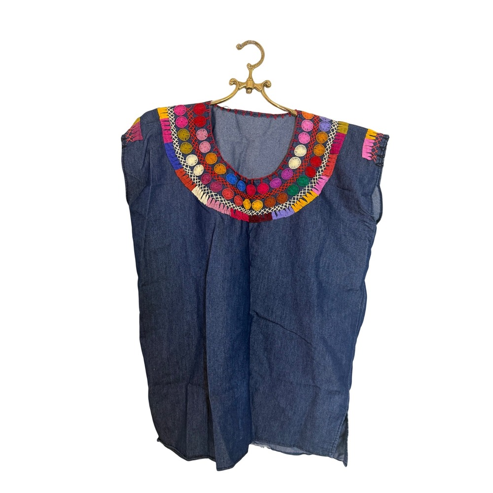 Vintage Mexican Huipil Style Denim Blouse Embroidered Boho Top Blue Multicolor